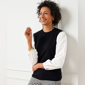 Talbots Woven Sleeve Pullover Black & White with Scalloped Collar Sweater SZ‎ XL